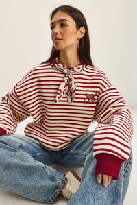 Kadın Fular Detaylı Leopar Nakışlı Çizgili Üç İplik Şardonlu Oversize Sweatshirt 6973 60283818 - Ekru-Bordo SWEATSHİRT modelleri