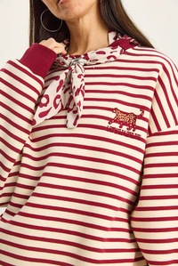 Kadın Fular Detaylı Leopar Nakışlı Çizgili Üç İplik Şardonlu Oversize Sweatshirt 6973 60283818 - Ekru-Bordo SWEATSHİRT modelleri