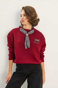 Kadın Fular Detaylı Leopar Nakışlı Üç İplik Şardonlu Oversize Sweatshirt 6917 60283616 - Bordo SWEATSHİRT modelleri