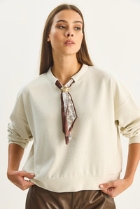Kadın Fular Detaylı Pamuklu Ottoman Sweatshirt 6931 60283689 - Bej SWEATSHİRT modelleri
