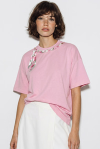 Kadın Fular ve İnci Detaylı Bisiklet Yaka Oversize Basic T-Shirt 360096 60286358 - Pembe T-SHİRT modelleri