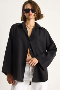 Kadın Geniş Kollu Tek Cep Detaylı Oversize Basic Poplin Gömlek 2144 60284103 - Siyah CEKET modelleri