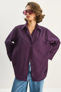 Kadın Geniş Kollu Tek Cep Detaylı Oversize Basic Poplin Gömlek 2144 60284103 - Mor GÖMLEK modelleri