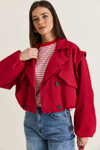 Kadın Geniş Kruvaze Yaka Cep Detaylı Lastikli Crop Trençkot 2834 60286460 - Kırmızı DIŞ GİYİM modelleri