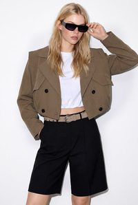 Kadın Geniş Kruvaze Yaka Cep Detaylı Lastikli Crop Trençkot 2834 60286460 - Haki DIŞ GİYİM modelleri