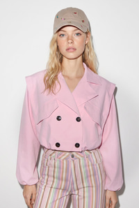 Kadın Geniş Kruvaze Yaka Cep Detaylı Lastikli Crop Trençkot 2834 60286460 - Pembe DIŞ GİYİM modelleri
