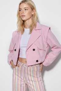 Kadın Geniş Kruvaze Yaka Cep Detaylı Lastikli Crop Trençkot 2834 60286460 - Pembe DIŞ GİYİM modelleri