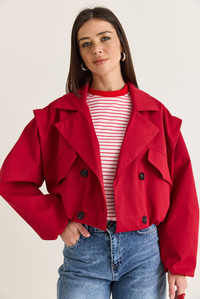 Kadın Geniş Kruvaze Yaka Cep Detaylı Lastikli Crop Trençkot 2834 60286460 - Kırmızı DIŞ GİYİM modelleri