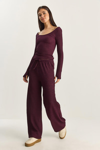 Kadın Geniş Paça Krinkıl Örme Pantolon 4108 60283847 - Mürdüm PANTOLON modelleri