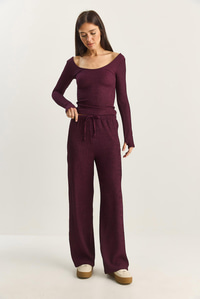 Kadın Geniş Paça Krinkıl Örme Pantolon 4108 60283847 - Mürdüm PANTOLON modelleri