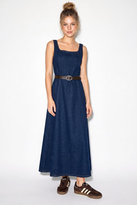 Kadın Geniş Yaka Askılı Kemerli Kloş Denim Elbise 6084 60286108 - Lacivert ELBİSE modelleri