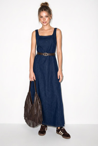 Kadın Geniş Yaka Askılı Kemerli Kloş Denim Elbise 6084 60286108 - Lacivert ELBİSE modelleri