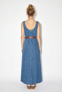 Kadın Geniş Yaka Askılı Kemerli Kloş Denim Elbise 6084 60286108 - Mavi ELBİSE modelleri