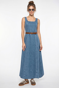 Kadın Geniş Yaka Askılı Kemerli Kloş Denim Elbise 6084 60286108 - Mavi ELBİSE modelleri