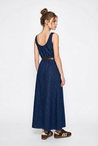 Kadın Geniş Yaka Askılı Kemerli Kloş Denim Elbise 6084 60286108 - Lacivert ELBİSE modelleri