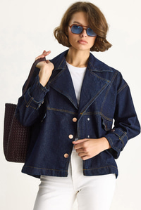 Kadın Geniş Yaka Uzun Kollu Ayarlanabilir Manşetli Denim Ceket 6089 60283543 - Lacivert CEKET modelleri