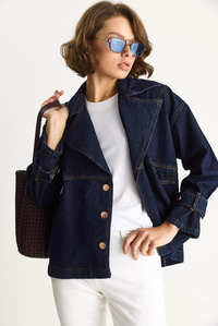 Kadın Geniş Yaka Uzun Kollu Ayarlanabilir Manşetli Denim Ceket 6089 60283543 - Lacivert CEKET modelleri