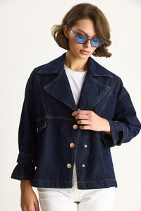 Kadın Geniş Yaka Uzun Kollu Ayarlanabilir Manşetli Denim Ceket 6089 60283543 - Lacivert CEKET modelleri