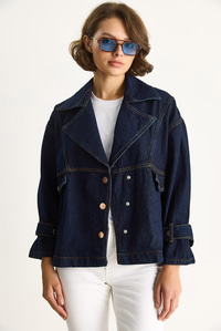 Kadın Geniş Yaka Uzun Kollu Ayarlanabilir Manşetli Denim Ceket 6089 60283543 - Lacivert CEKET modelleri