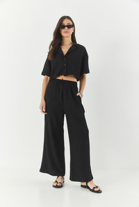 Kadın Gofre Crop Ceket Beli Lastikli Yüksek Bel Pantolonlu Alt-Üst Takım 9313 60281043 - Siyah