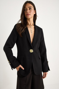 Kadın Gold Düğme Detaylı Hakim Yaka Şık Blazer Ceket 50182 60283264 - Siyah