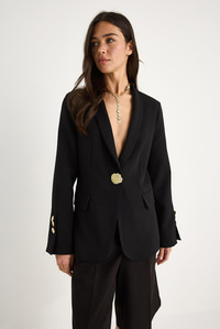 Kadın Gold Düğme Detaylı Hakim Yaka Şık Blazer Ceket 50182 60283264 - Siyah