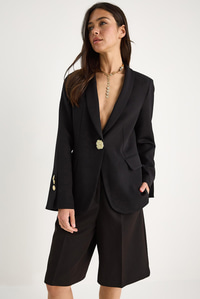 Kadın Gold Düğme Detaylı Hakim Yaka Şık Blazer Ceket 50182 60283264 - Siyah
