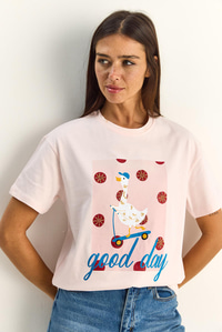 Kadın Good Day Baskılı Nakış Detaylı Relaxed Fit T-Shirt 7642 60286117 - Pudra T-SHİRT modelleri