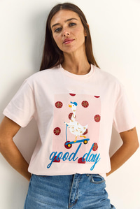 Kadın Good Day Baskılı Nakış Detaylı Relaxed Fit T-Shirt 7642 60286117 - Pudra T-SHİRT modelleri