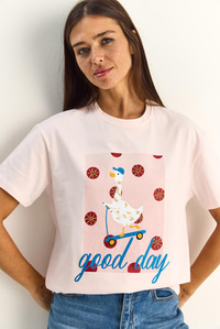 Kadın Good Day Baskılı Nakış Detaylı Relaxed Fit T-Shirt 7642 60286117 - Pudra T-SHİRT modelleri