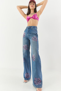 Kadın Gül Desenli Renkli Taş Baskılı Yüksek Bel Straight Denim Pantolon 1071 60283315 - Mavi