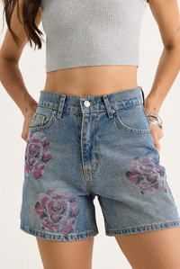 Kadın Gül Desenli Renkli Taş Baskılı Yüksek Bel Denim Şort 424 60283441 - Mavi