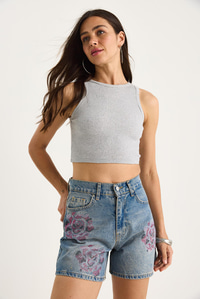 Kadın Gül Desenli Renkli Taş Baskılı Yüksek Bel Denim Şort 424 60283441 - Mavi