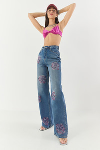 Kadın Gül Desenli Renkli Taş Baskılı Yüksek Bel Straight Denim Pantolon 1071 60283315 - Mavi