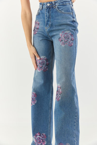 Kadın Gül Desenli Renkli Taş Baskılı Yüksek Bel Straight Denim Pantolon 1071 60283315 - Mavi