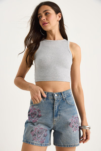 Kadın Gül Desenli Renkli Taş Baskılı Yüksek Bel Denim Şort 424 60283441 - Mavi