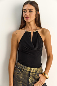 Kadın Halter Yaka Metal Aksesuarlı Degaje Bluz 2307 60286131 - Siyah BLUZ modelleri