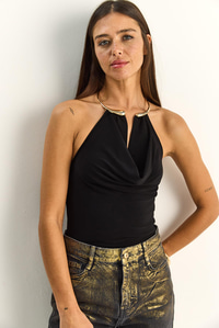 Kadın Halter Yaka Metal Aksesuarlı Degaje Bluz 2307 60286131 - Siyah BLUZ modelleri