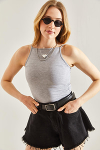 Kadın Halter Yaka Saran Basic Bluz 60251253 - Gri BLUZ modelleri