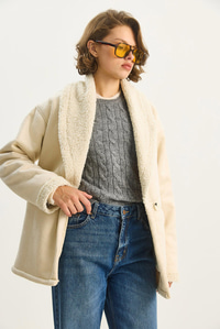 Kadın İçi Kürklü Cep Detaylı Şal Yaka Süet Kaban 2656 60283560 - Krem DIŞ GİYİM modelleri