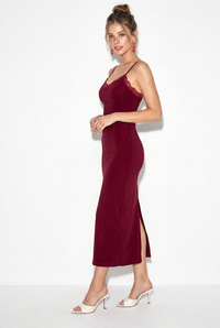 Kadın İnce Askılı Dantel Detaylı V Yaka Vücuda Oturan Maxi Elbise 2338 60286243 - Bordo ELBİSE modelleri