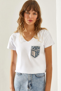 Kadın İncili Taş Çakmalı Kot Detaylı Penye T-Shirt 60251289 - Beyaz T-SHİRT modelleri