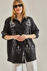 Kadın İşlemeli Taşlı Oversize Gömlek 60251031 - Siyah GÖMLEK modelleri
