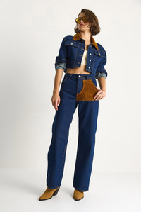 Kadın Kadife Yaka Ceket Renk Bloklu Wide Leg Pantolon Denim Takım 6087 60283532 - Lacivert ALT - ÜST TAKIM modelleri