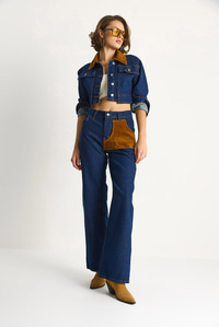 Kadın Kadife Yaka Ceket Renk Bloklu Wide Leg Pantolon Denim Takım 6087 60283532 - Lacivert ALT - ÜST TAKIM modelleri