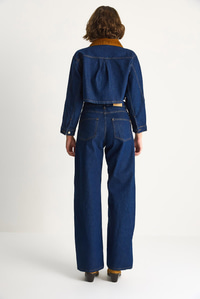 Kadın Kadife Yaka Ceket Renk Bloklu Wide Leg Pantolon Denim Takım 6087 60283532 - Lacivert ALT - ÜST TAKIM modelleri