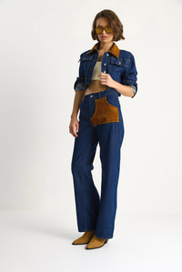 Kadın Kadife Yaka Ceket Renk Bloklu Wide Leg Pantolon Denim Takım 6087 60283532 - Lacivert ALT - ÜST TAKIM modelleri