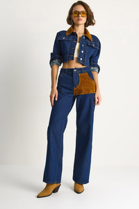 Kadın Kadife Yaka Ceket Renk Bloklu Wide Leg Pantolon Denim Takım 6087 60283532 - Lacivert ALT - ÜST TAKIM modelleri