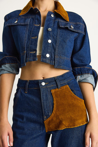 Kadın Kadife Yaka Ceket Renk Bloklu Wide Leg Pantolon Denim Takım 6087 60283532 - Lacivert ALT - ÜST TAKIM modelleri