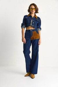 Kadın Kadife Yaka Ceket Renk Bloklu Wide Leg Pantolon Denim Takım 6087 60283532 - Lacivert ALT - ÜST TAKIM modelleri